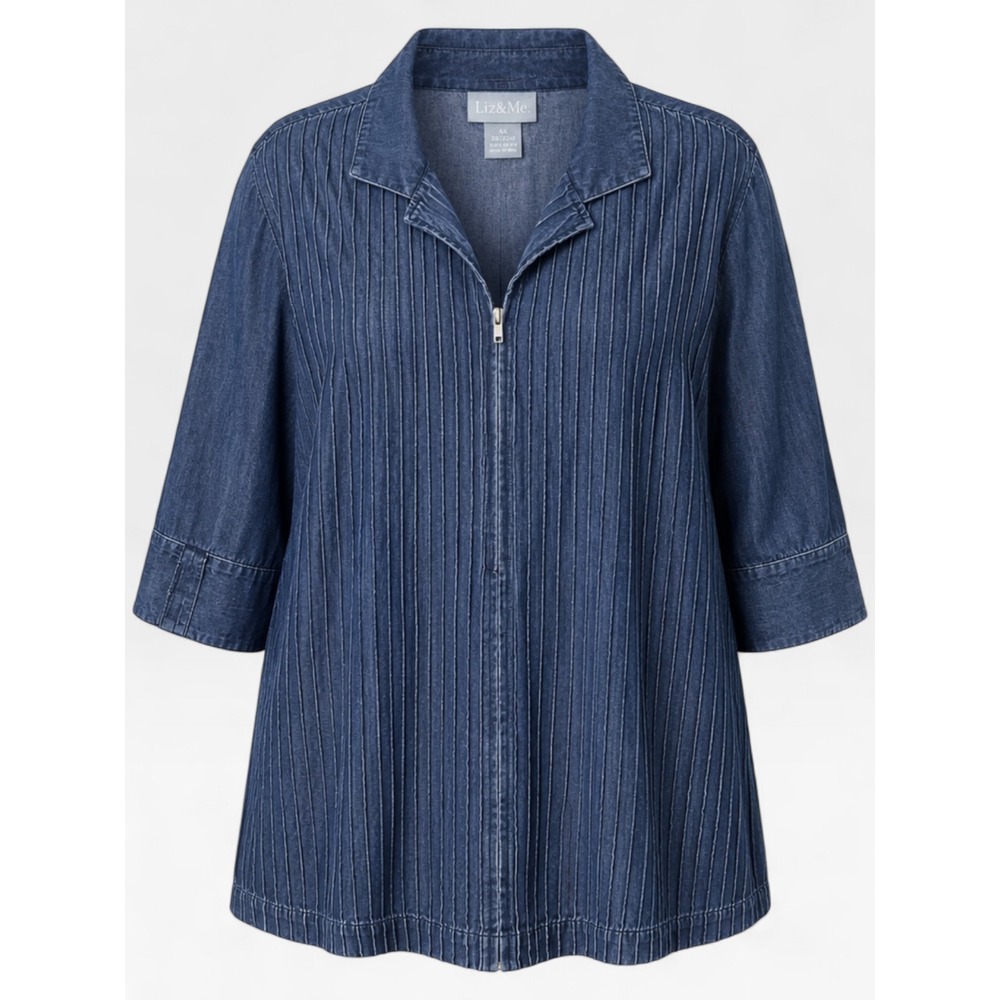Liz & Me Denim Zip Up Shirt Blue Women 4X 30/32W Pintuck Pleat Casual Textured
